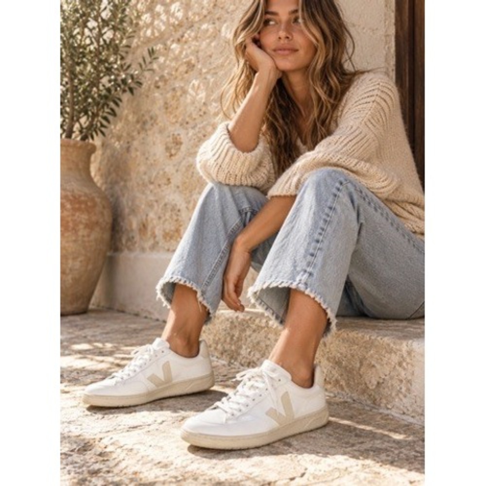 Veja V-12 Leather Sneakers Extra White Sahara Beige Womens 8 EUR 39